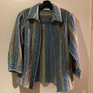 Coldwater Creek Quilted Striped Zip Front Jacket in Blue, Lime Green & Muted Red